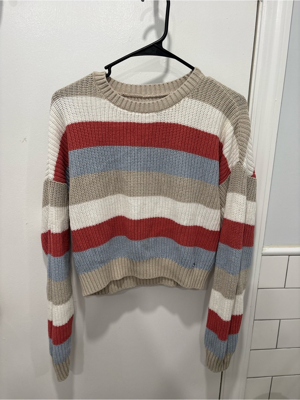 Hollister Striped Crewneck Sweater in Cream, Red & Light Blue